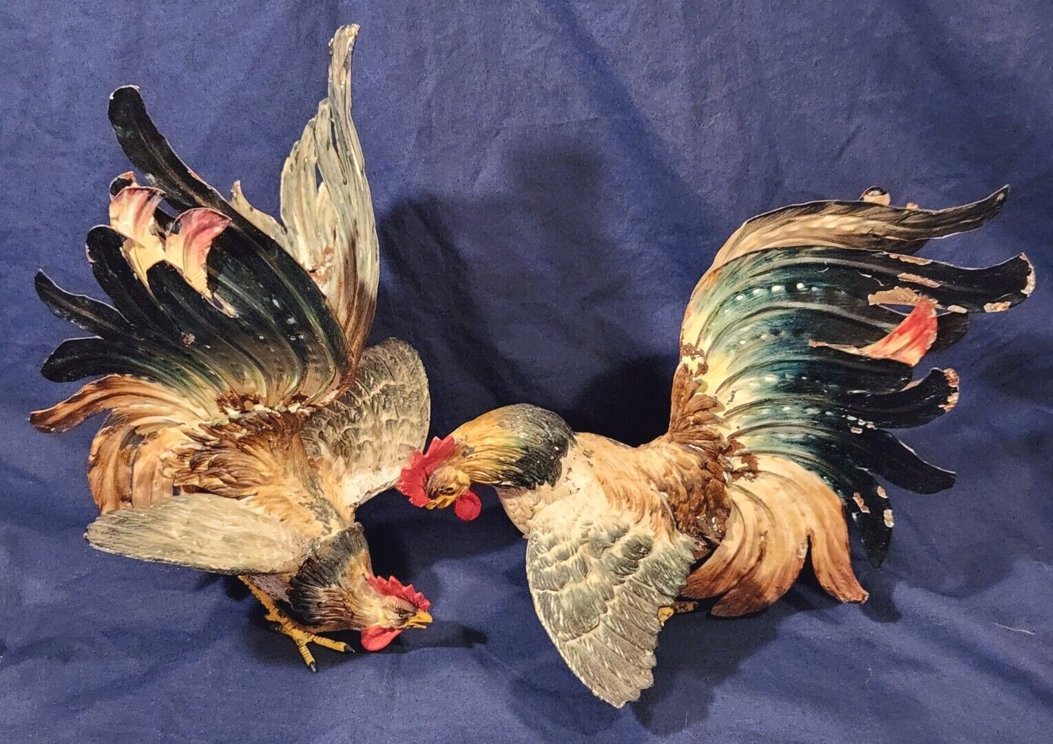 Vtg Cold Painted Mid-Century Fighting Cocks Rooster Chicken Figure Signed Italy