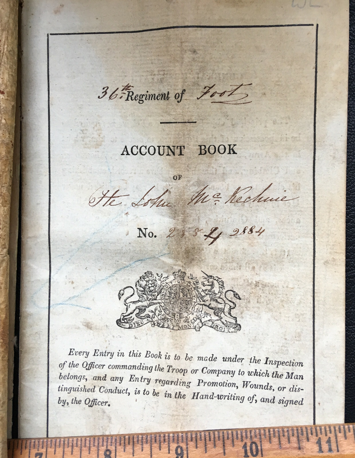Parchment Account Book of Cpl John McKeehuie Glasgow 36th Regiment of Food 1847 Parchment Account Book of Cpl John McKeehuie Glasgow 36th Regiment of Food 1847