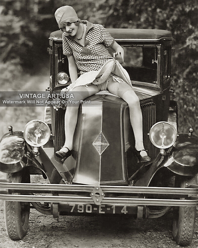 Vintage 1920s Photo Woman on Car Hood Lifting Her Skirt Risqué Garter Stockings
