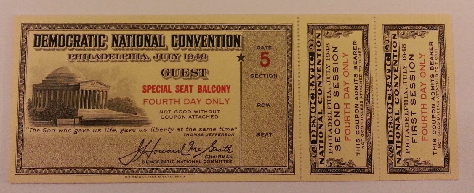 1948 DEMOCRATIC NATIONAL CONVENTION TICKET w/2 coupons Philadelphia PA 