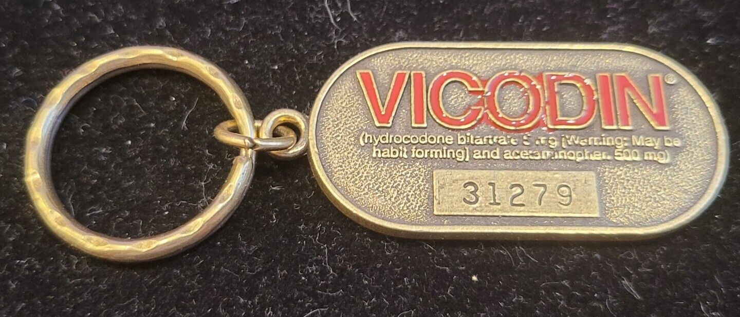 RARE \'80s Vintage VICODIN Brass Keychain Red Enamel Pharmaceutical Drug Promo