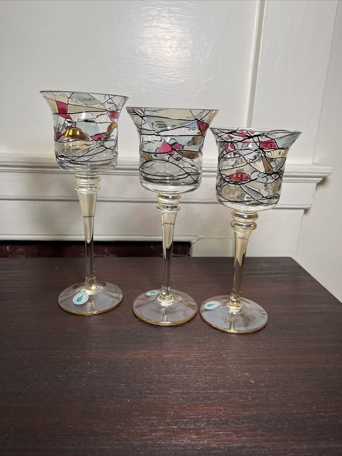 Set Of 3 PartyLite Stemmed Mosaic Tealight/Votive Candle Holders, Stained Glass