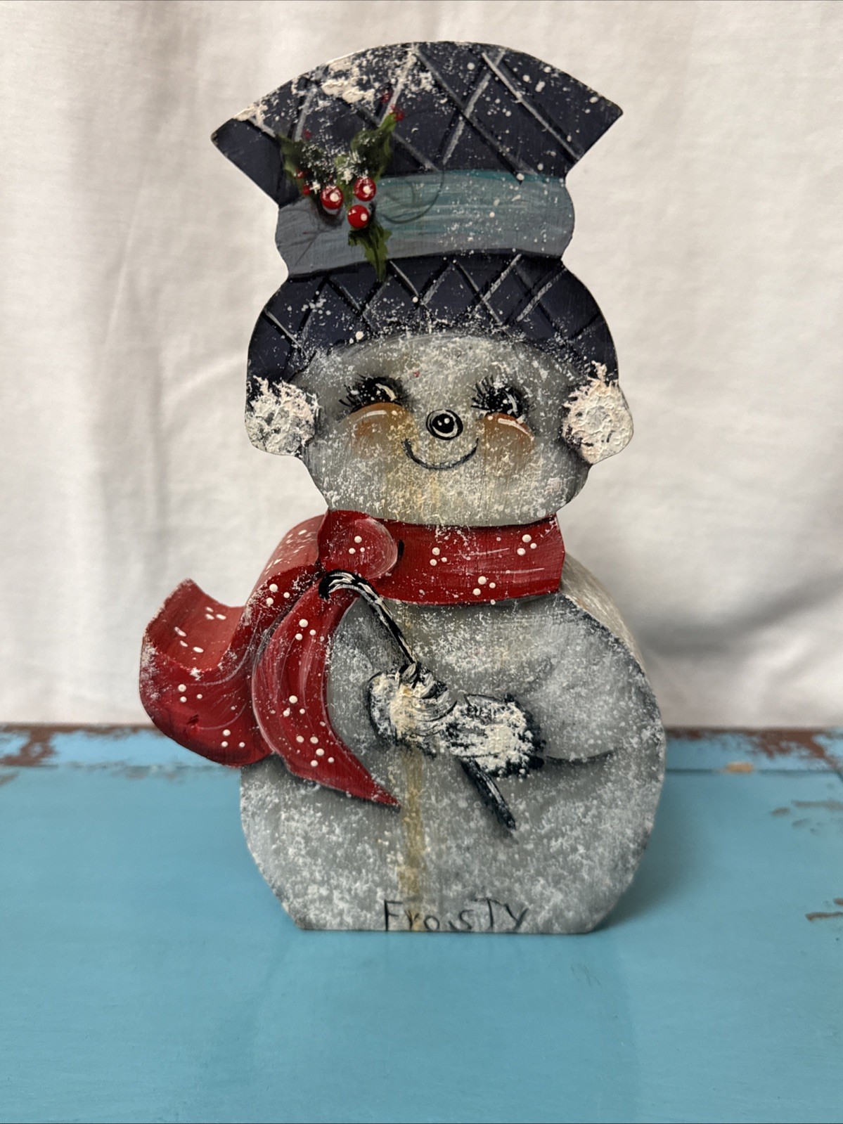 Vtg 1988 HandPainted Wooden Snowman Shelf Sitter Frosty Rustic Christmas Vtg 1988 HandPainted Wooden Snowman Shelf Sitter Frosty Rustic Christmas