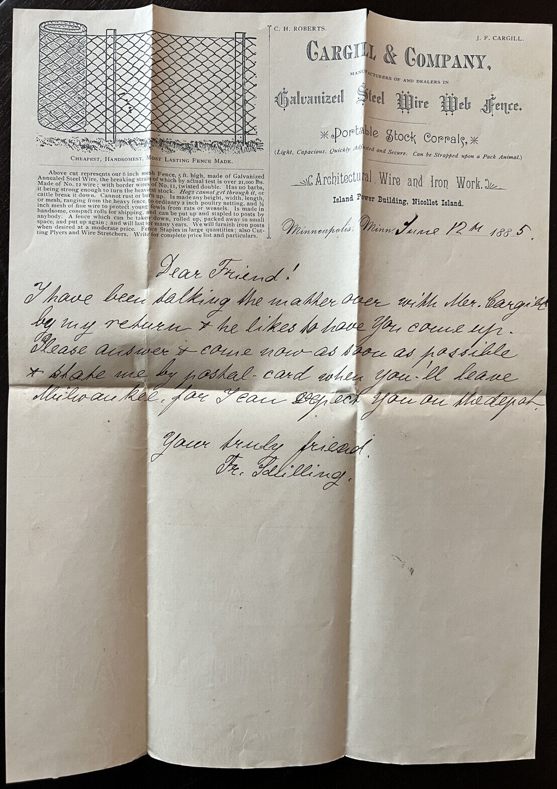 1885 LETTER WRITTEN ON CARGILL & COMPANY GALVANIZED STEEL WIRE FENCE LETTERHEAD