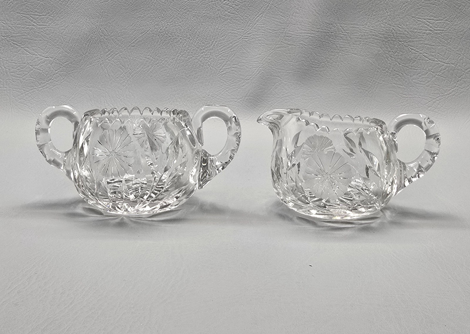 Vintage Thick Lead Crystal Cream Pitcher & Sugar Bowl With Etched Floral Design Vintage Thick Lead Crystal Cream Pitcher & Sugar Bowl With Etched Floral Design