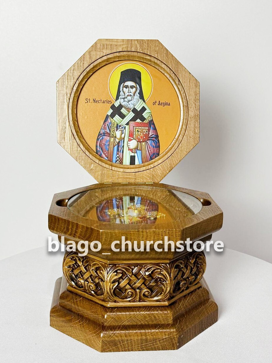 Orthodox Reliquary Box Wood Carved Ark with icon of St. Nectarios of Aegina7.48"