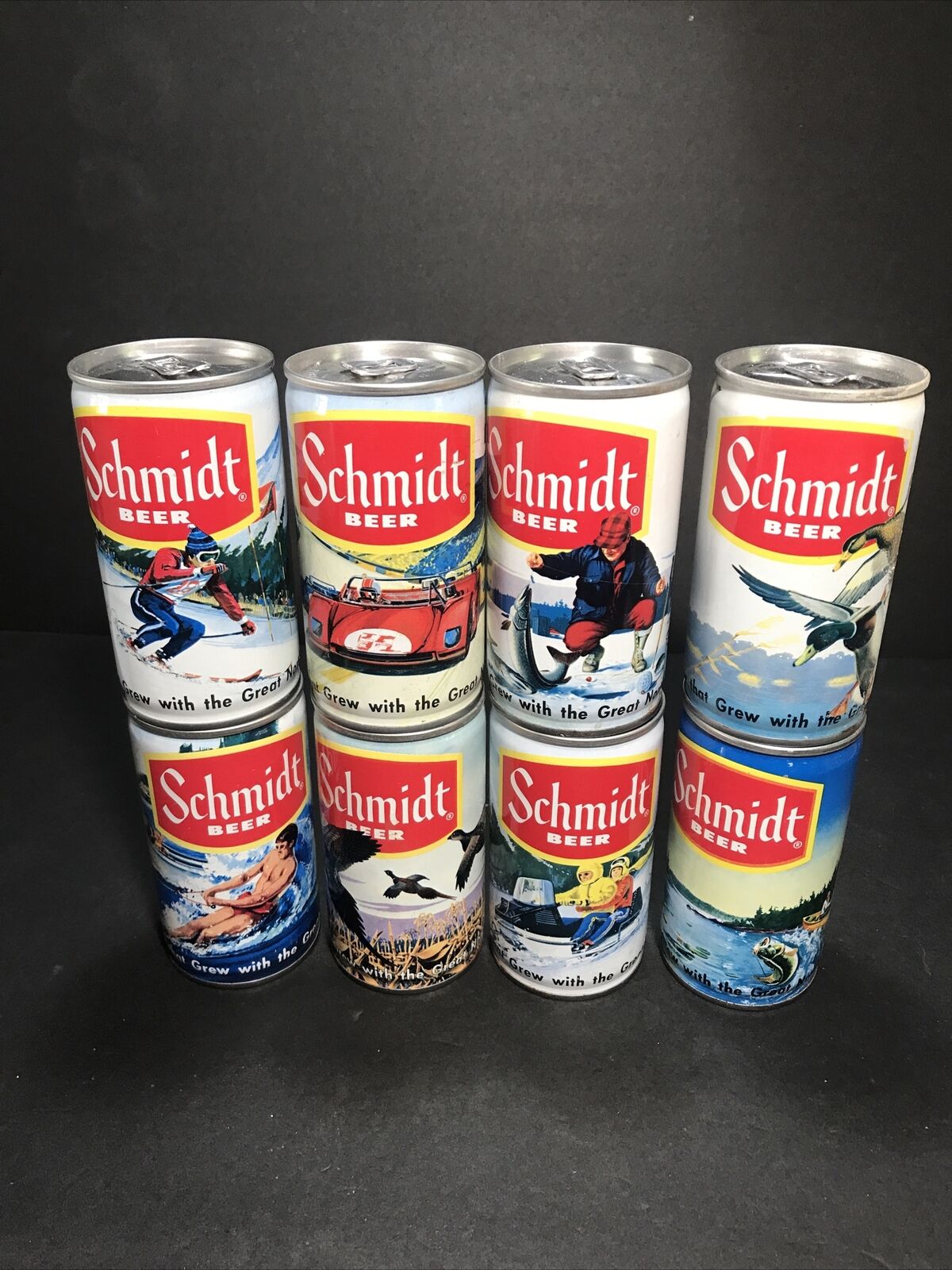 Vintage Schmidt Pull Tab Beer Cans EMPTY w/ Great Northwest Wildlife Scenes (8)