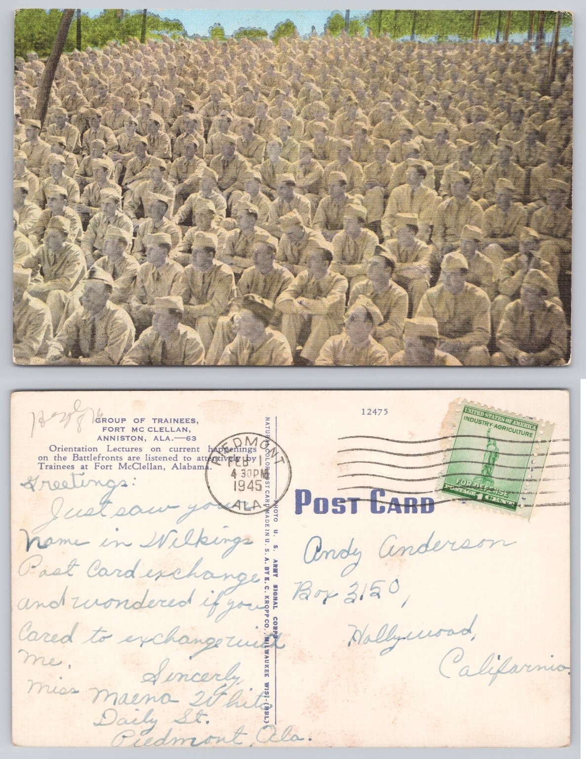 1945 WWII Fort McClellan Alabama Trainees Orientation Lecture Postcard E.C 1945 WWII Fort McClellan Alabama Trainees Orientation Lecture Postcard E.C