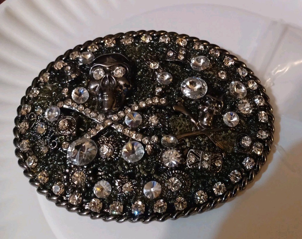 Large Oval Skull & Rhinestone Steel Belt Buckle 4" Large Oval Skull & Rhinestone Steel Belt Buckle 4"