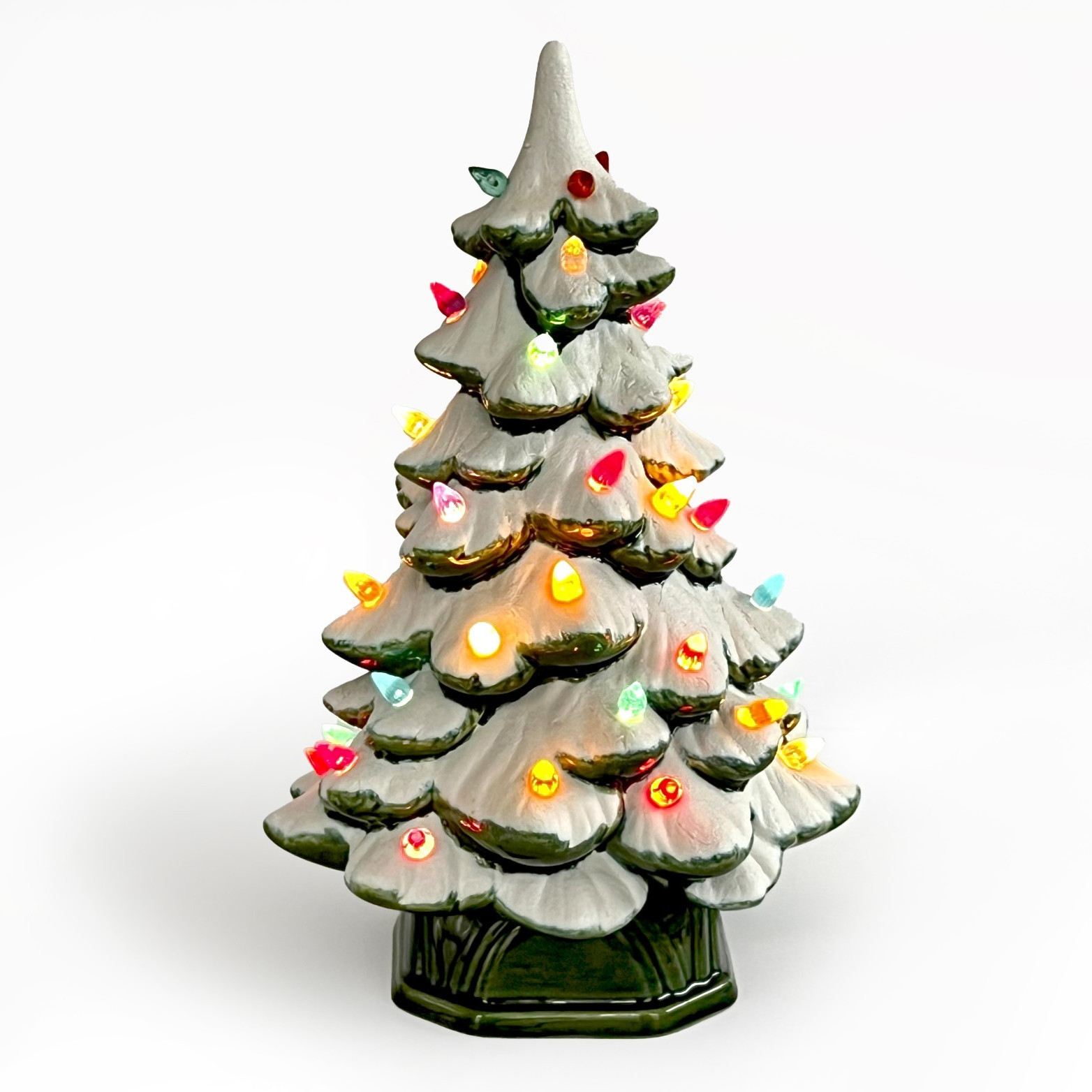 VTG Holland Mold 11" Ceramic Christmas Tree Complete Green Flocked Snow Lighted VTG Holland Mold 11" Ceramic Christmas Tree Complete Green Flocked Snow Lighted