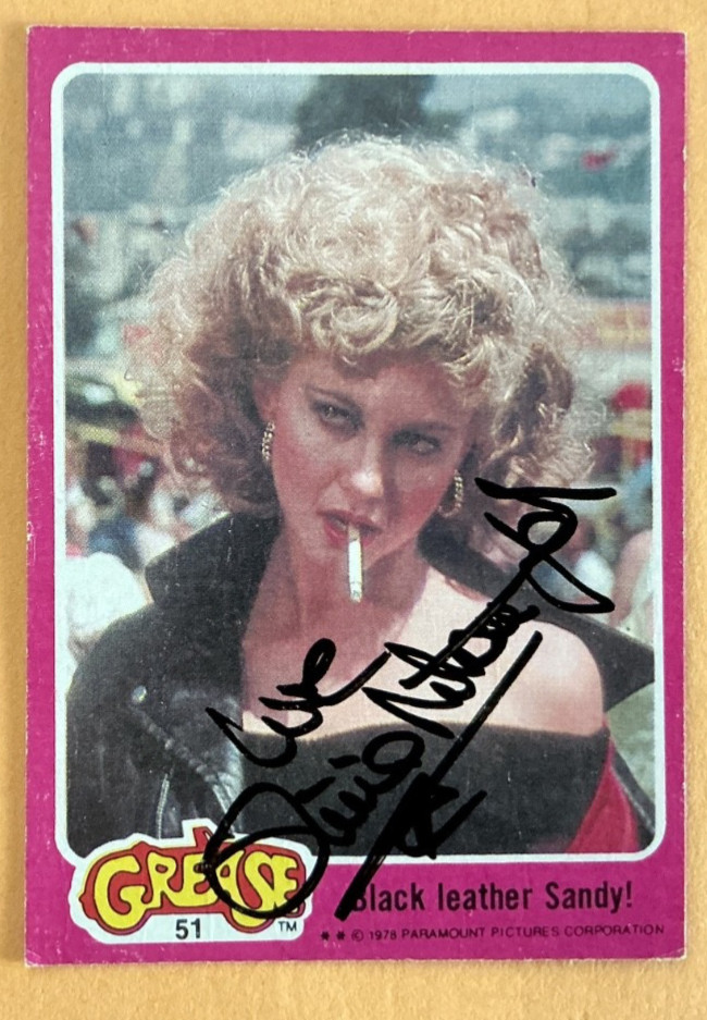 Olivia Newton-John 1978 Signed Grease card 51 (Black Leather Sandy) Olivia Newton-John 1978 Signed Grease card 51 (Black Leather Sandy)