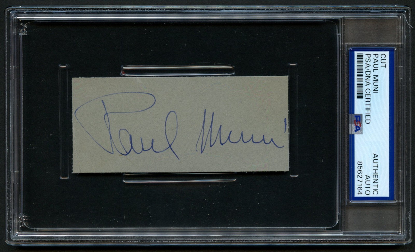 Paul Muni d1967 signed autograph auto 1.5x4 cut Actor: Scarface PSA Slabbed Paul Muni d1967 signed autograph auto 1.5x4 cut Actor: Scarface PSA Slabbed