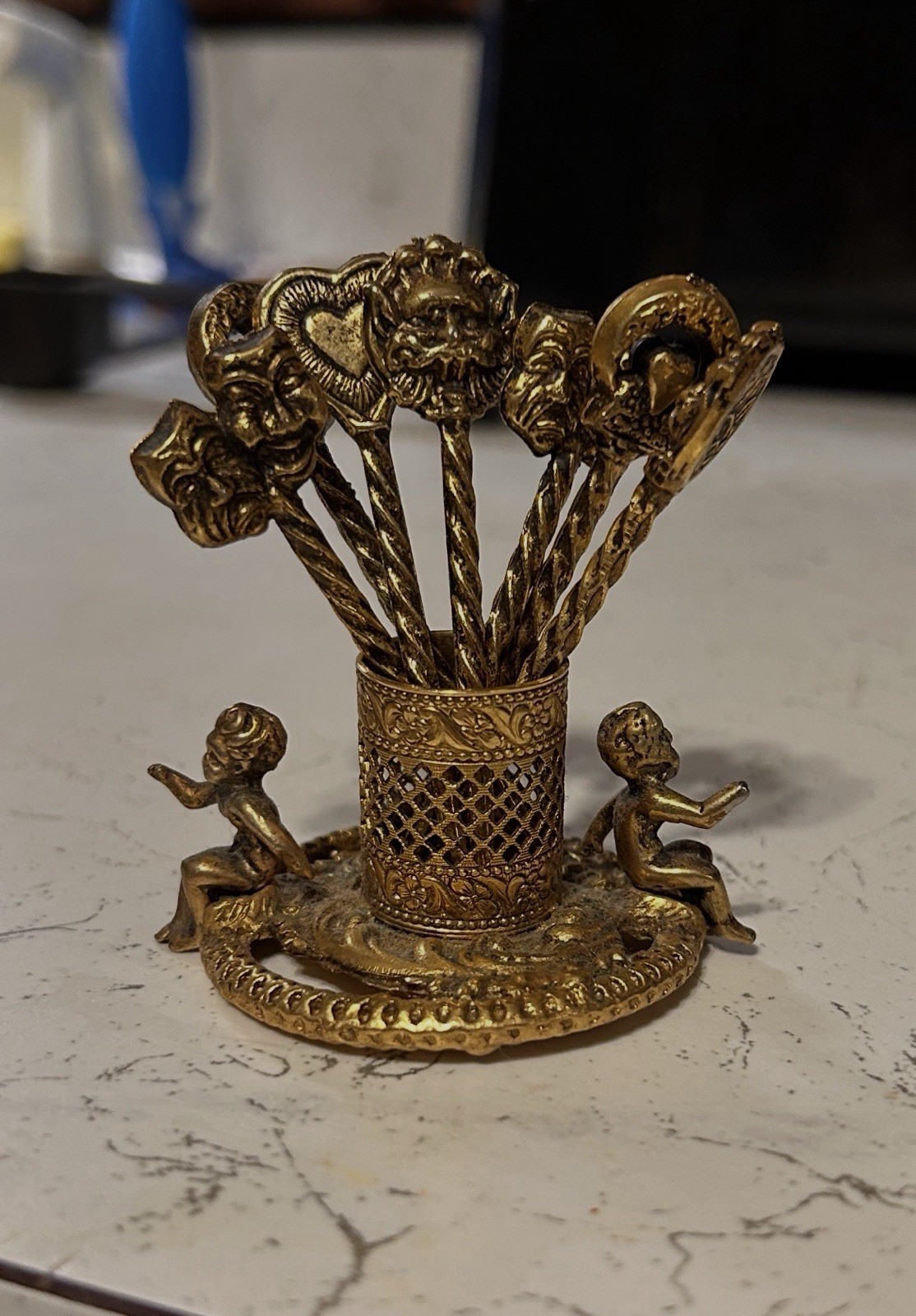 Vtg Baroque Brass Cherub Cocktail Pick Set 7 Putti Appetizer Picks Holder Vtg Baroque Brass Cherub Cocktail Pick Set 7 Putti Appetizer Picks Holder
