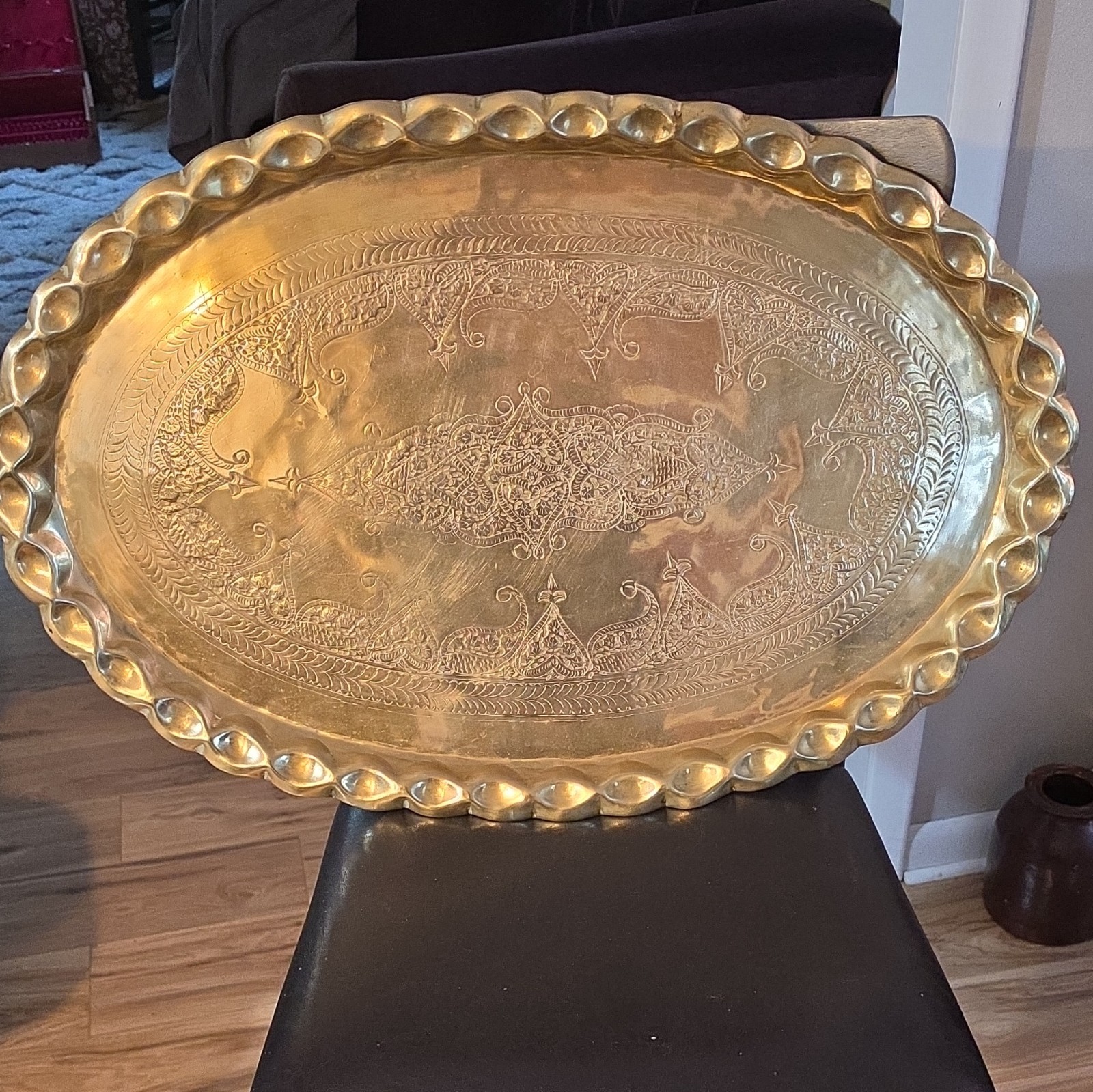 Large Oval Gold-Tone Metal Engraved Serving Tray Decorative Table Centerpiece Large Oval Gold-Tone Metal Engraved Serving Tray Decorative Table Centerpiece