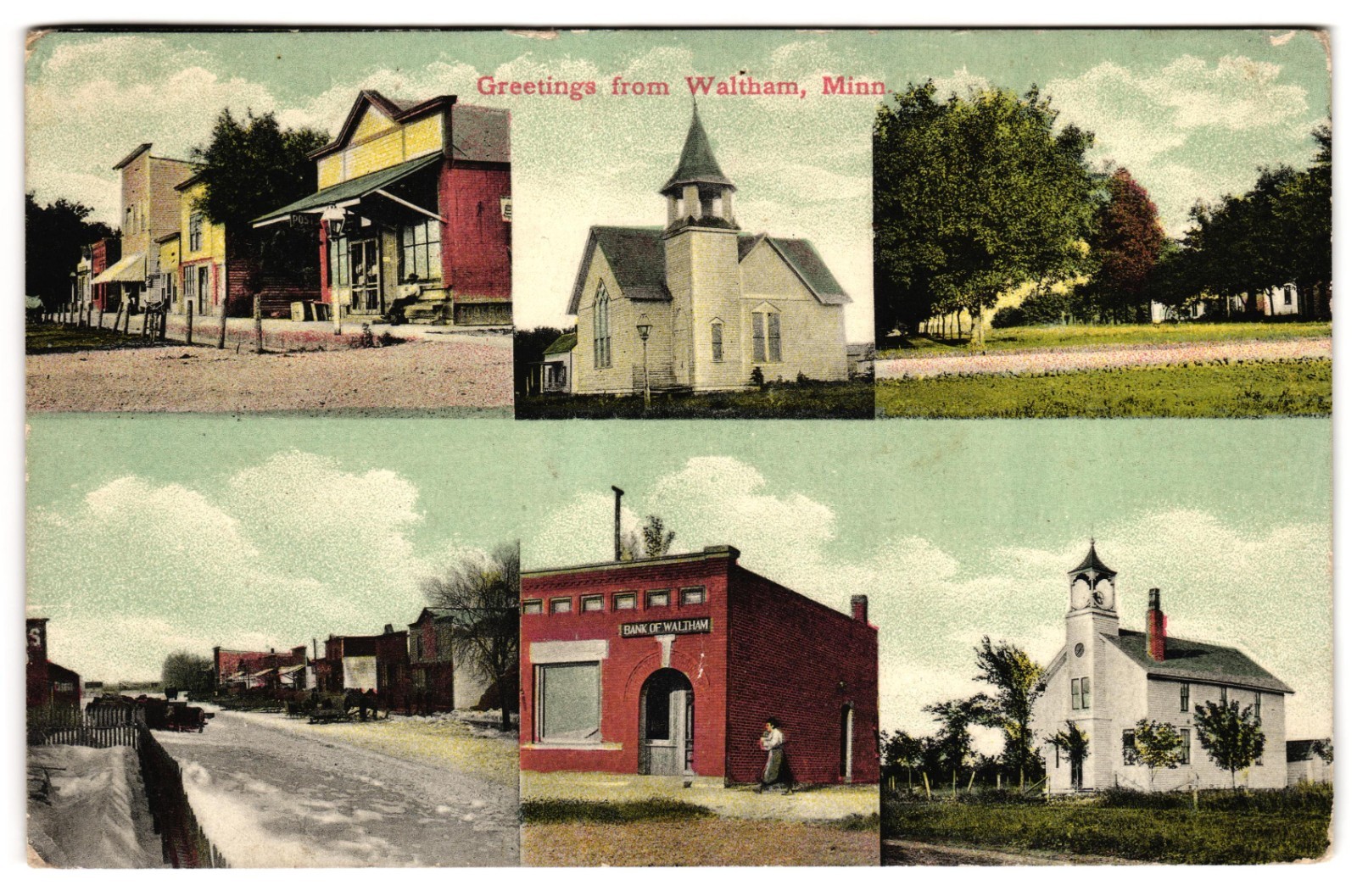 Greetings from Waltham MN Multi-View Churches Bank Stores c1910s Postcard Greetings from Waltham MN Multi-View Churches Bank Stores c1910s Postcard