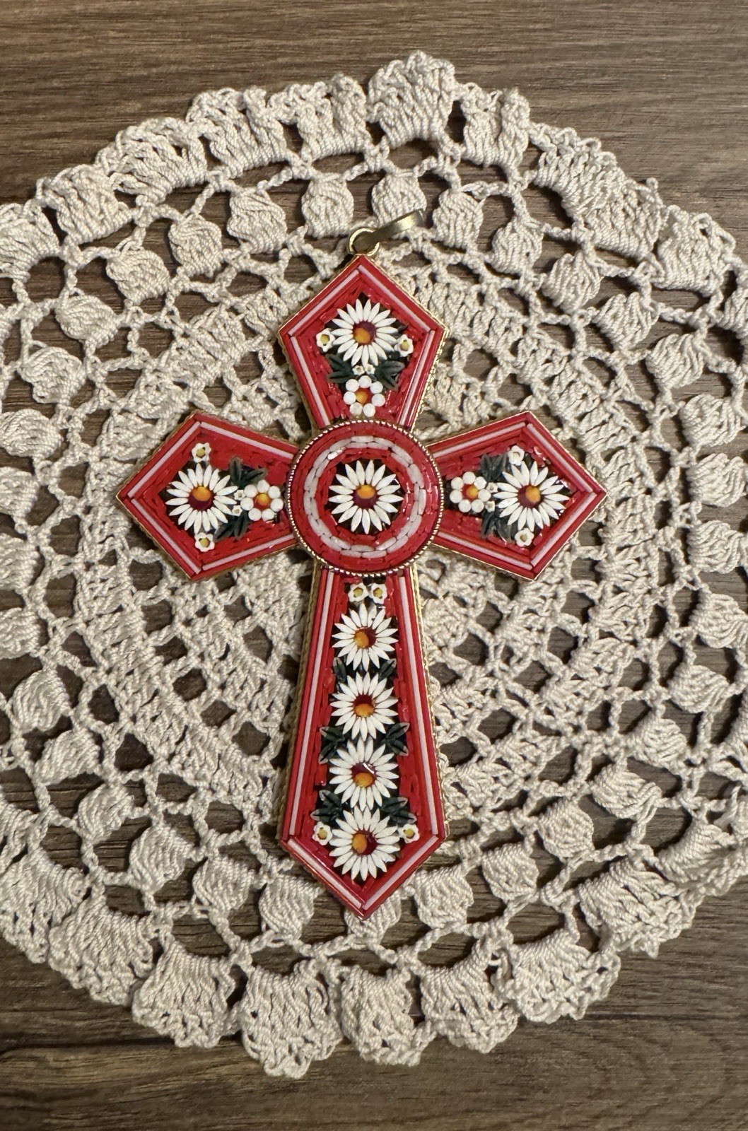 Huge Vintage Filippini & Paoletti Italian Micro Mosaic Cross Pendant 5" Signed