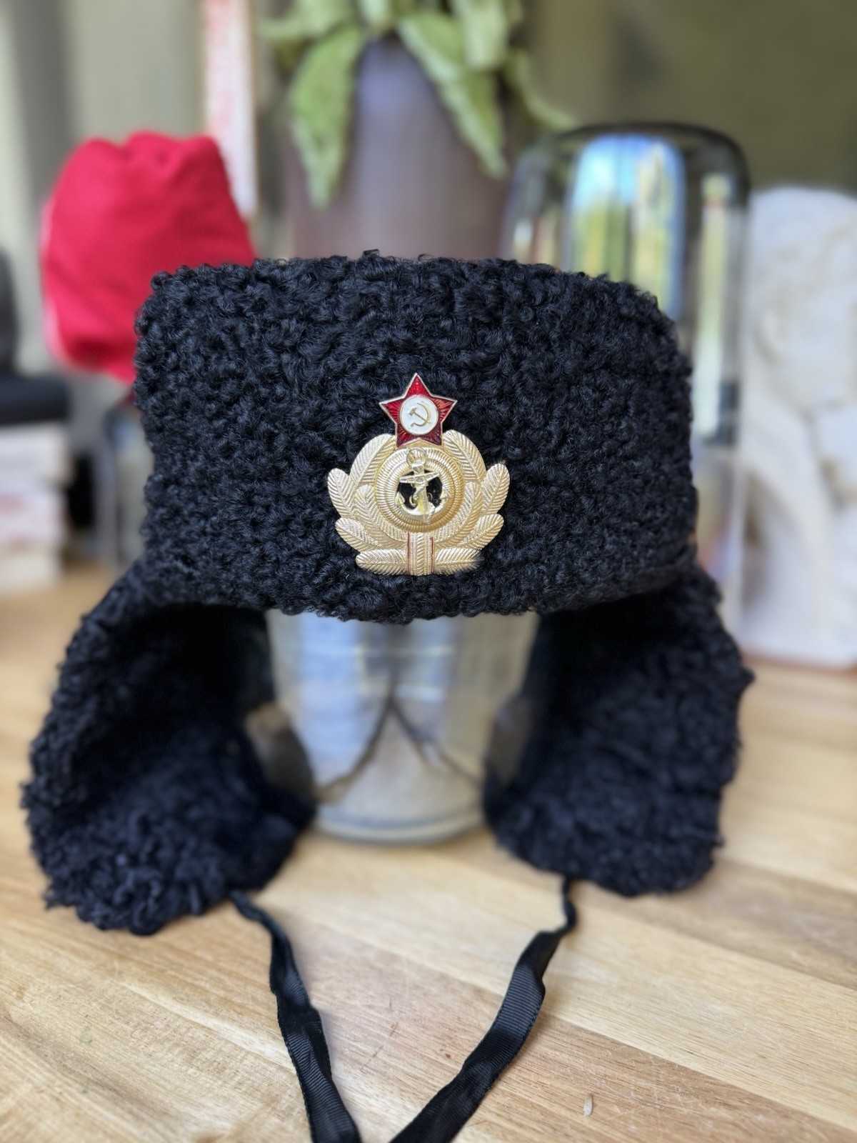 Vintage Soviet Navy Officer Leather & Karakul Fur Ushanka Winter Hat - Size 58 Vintage Soviet Navy Officer Leather & Karakul Fur Ushanka Winter Hat - Size 58