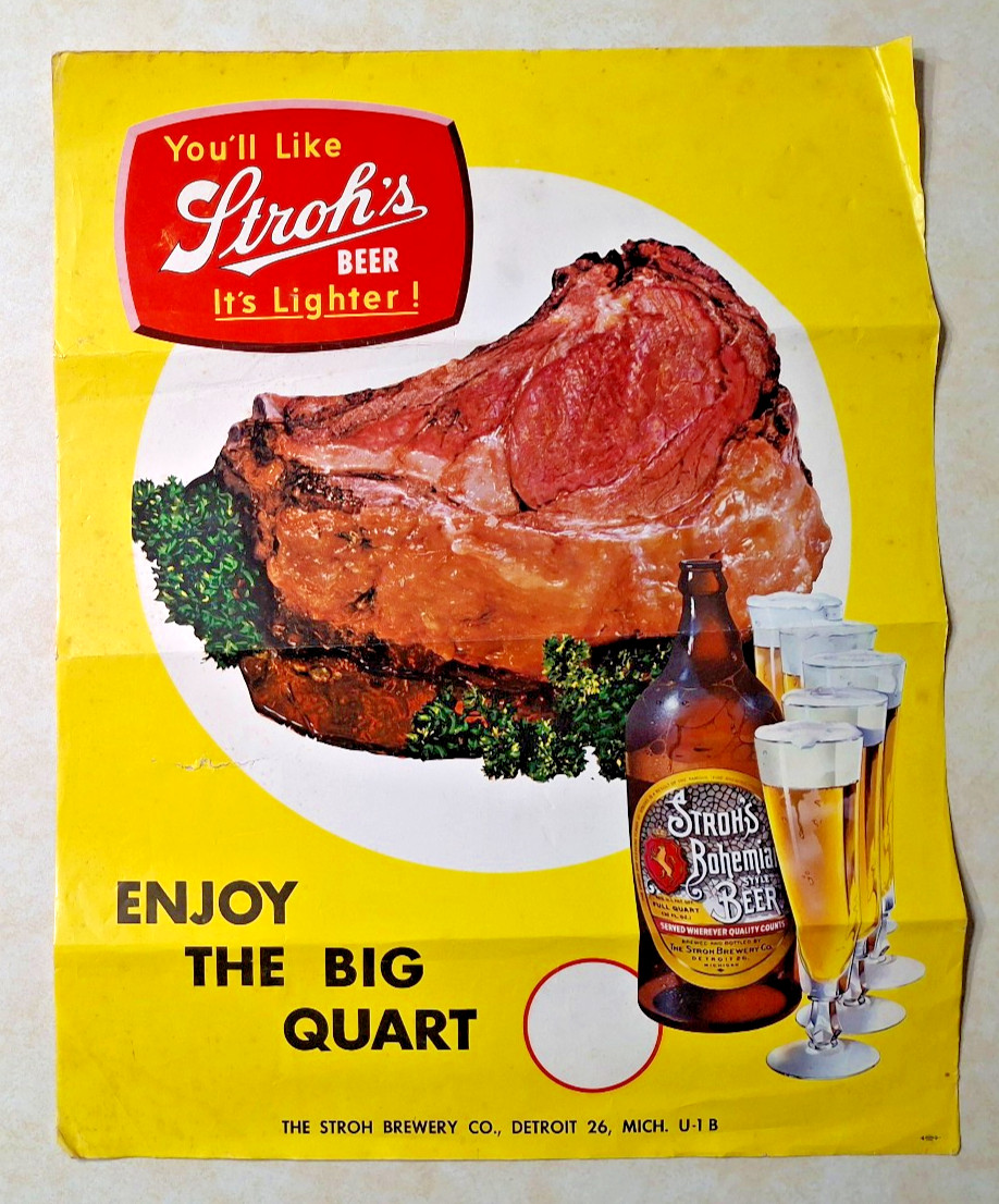 Vintage Stroh's Beer Poster Advertising 1950s Brewery Promo Original 19.5 x 15.5 Vintage Stroh's Beer Poster Advertising 1950s Brewery Promo Original 19.5 x 15.5
