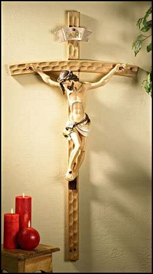 Val Gardena Wood Style Crucifix with Hand Painted Corpus for Church, 50 Inches
