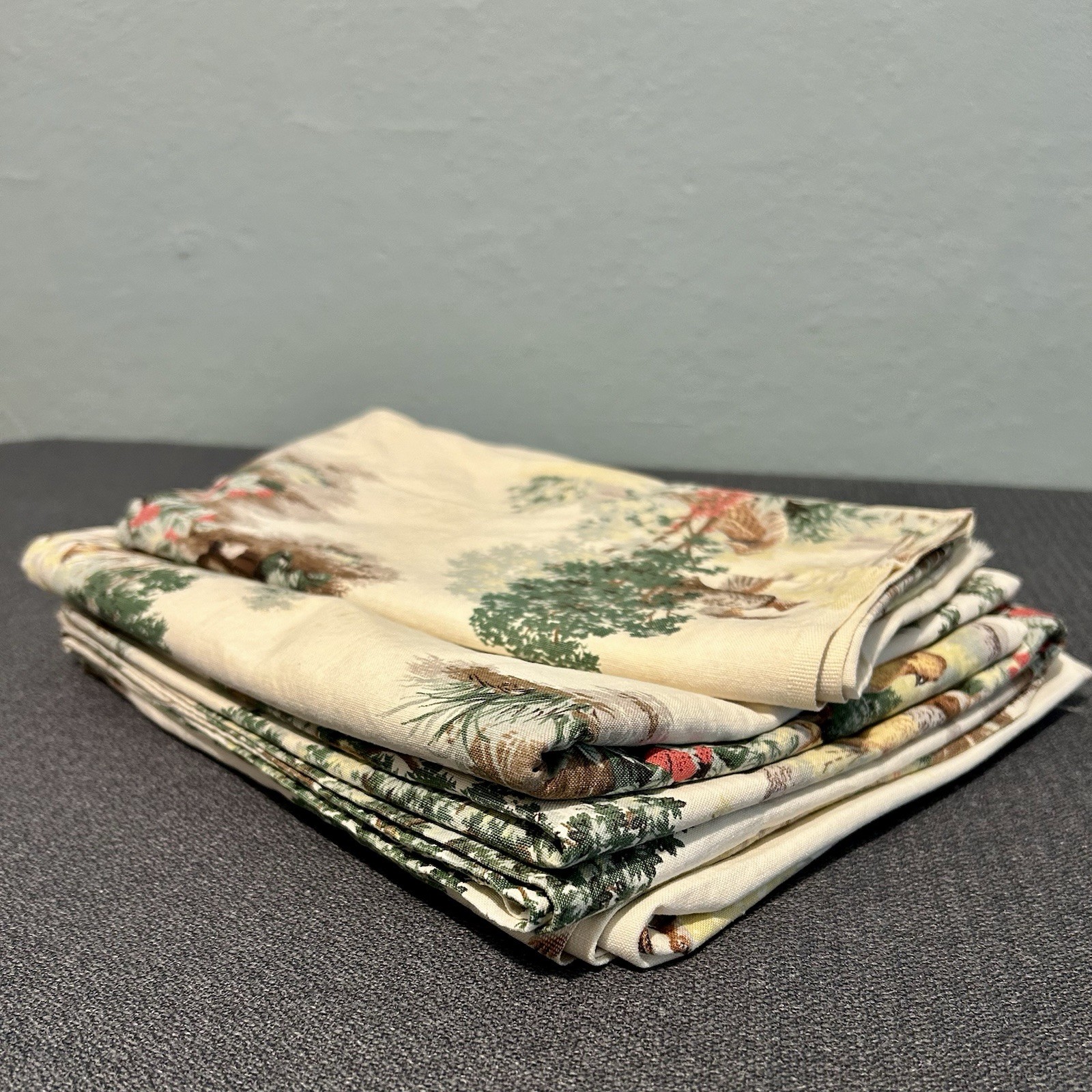 Vtg 4 Piece Vat Dyed Fabric Curtain Panel Lot Quail MCM Hunting Cabin Woodland