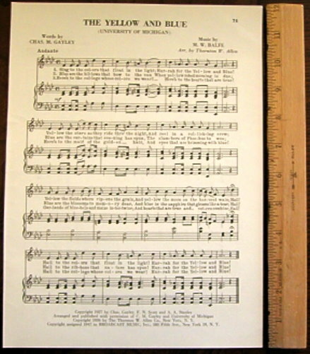 UNIVERSITY OF MICHIGAN Original Vintage Song Sheet c1953 "The Yellow and Blue"