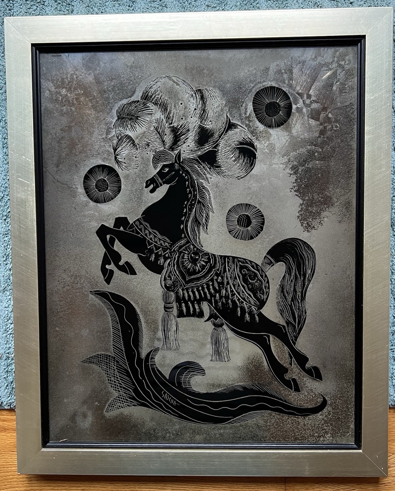 Vintage Sascha Brastoff Plumed Horse Reverse Painted Mirror Art 22x18 MCM Vintage Sascha Brastoff Plumed Horse Reverse Painted Mirror Art 22x18 MCM