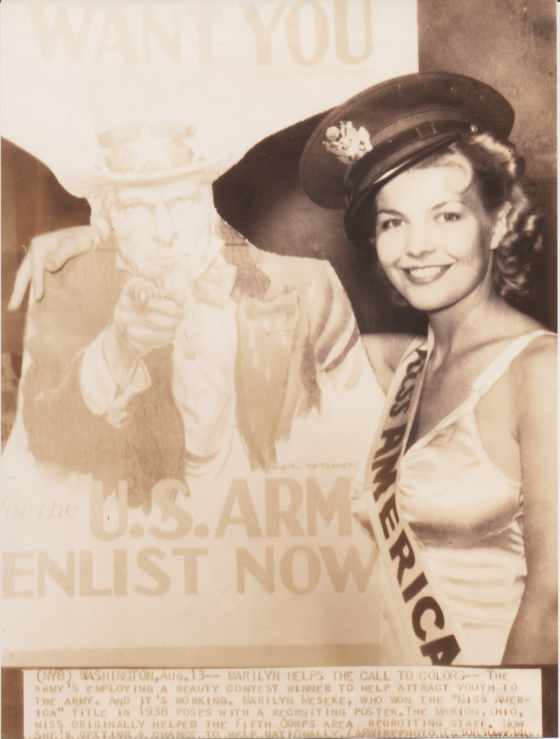 1940 Press Photo 1938 Miss America Marilyn Meseke helps U.S. Army Recruiting WW2 1940 Press Photo 1938 Miss America Marilyn Meseke helps U.S. Army Recruiting WW2