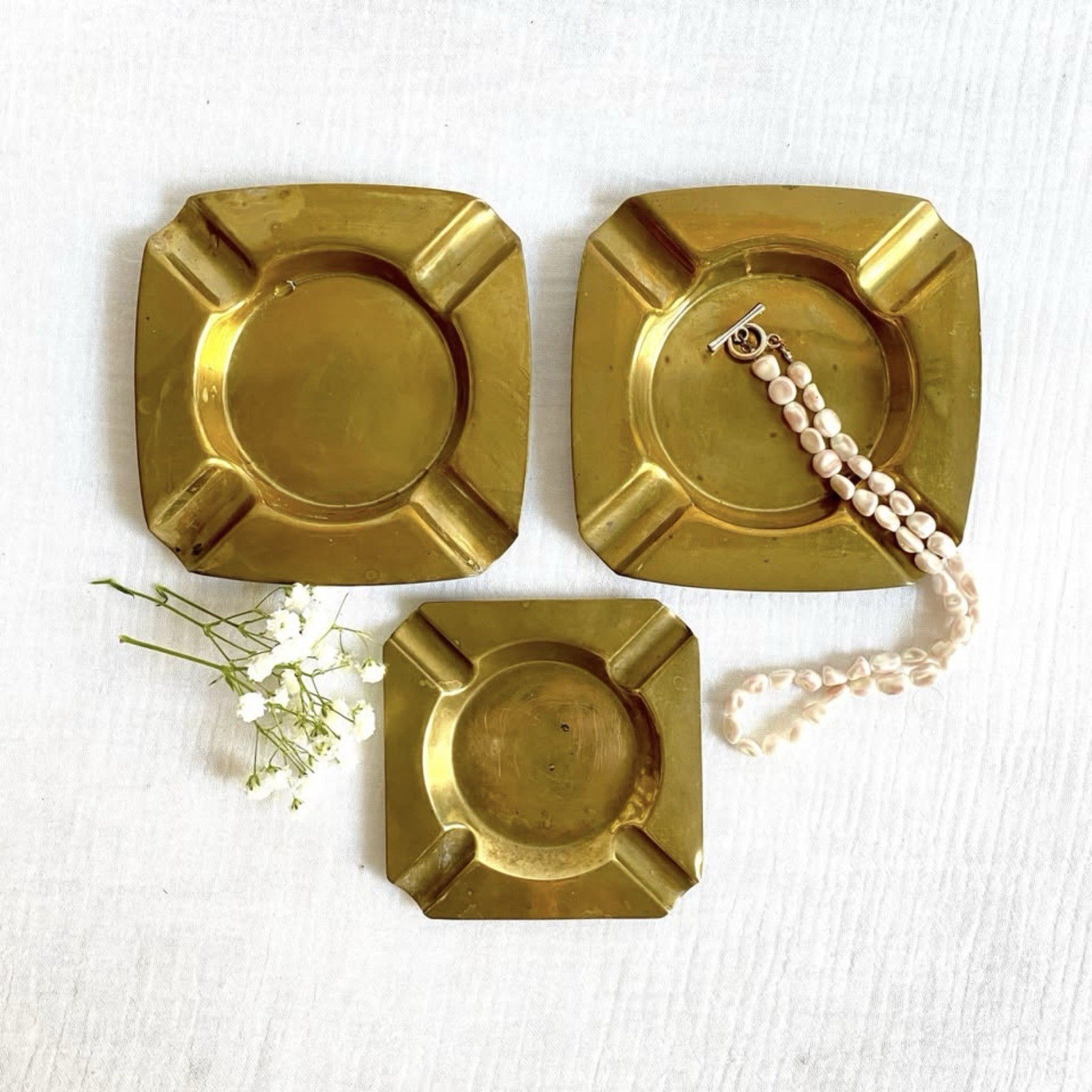 MCM Vintage Brass Nesting Catchall Trinket Trays Set 3 - 4.5”
