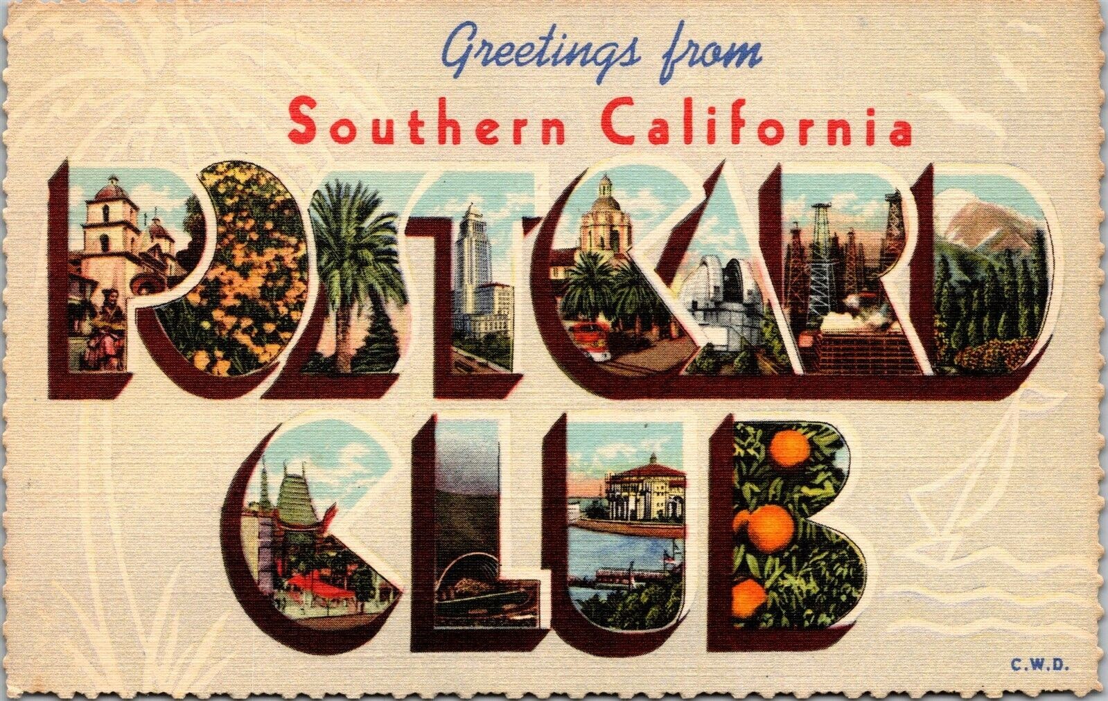 Vtg Southern California CA Postcard Club Large Letter Greetings 1940s Postcard Vtg Southern California CA Postcard Club Large Letter Greetings 1940s Postcard