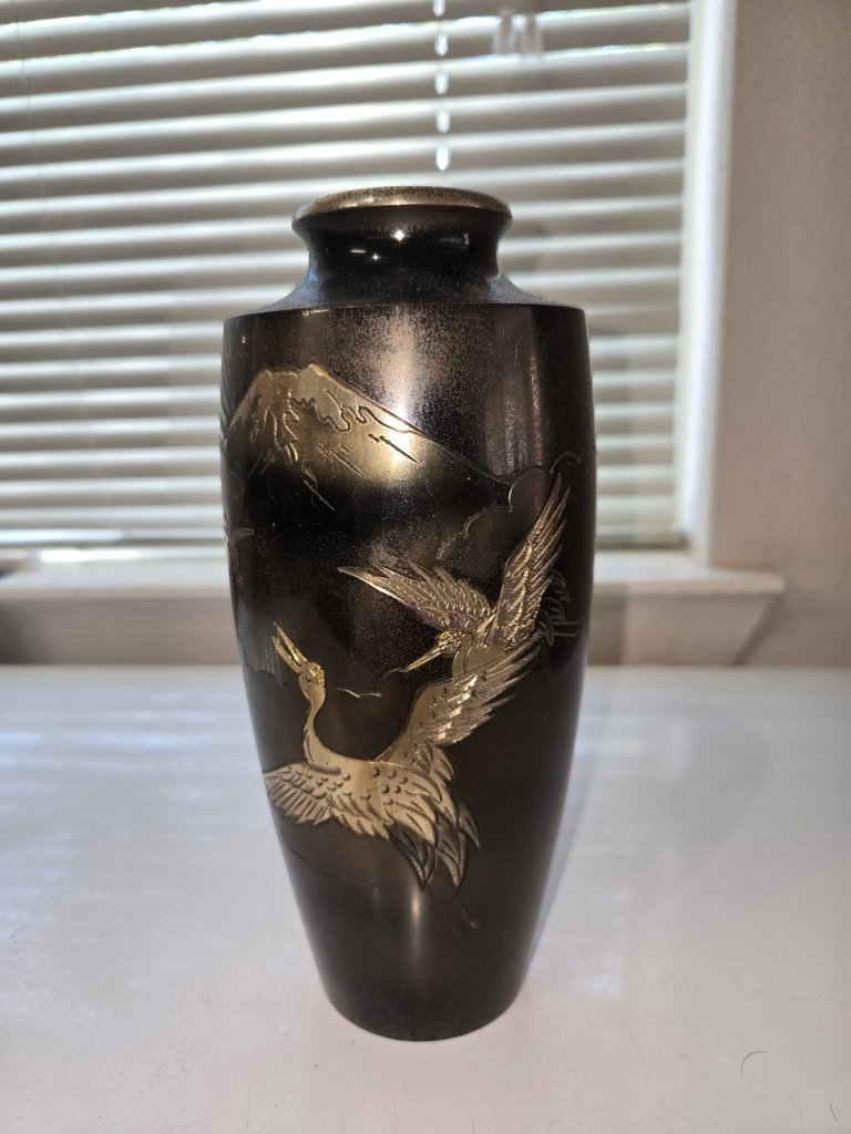 Vintage Japanese Metal Vase with Crane and Mountain Design Vintage Japanese Metal Vase with Crane and Mountain Design