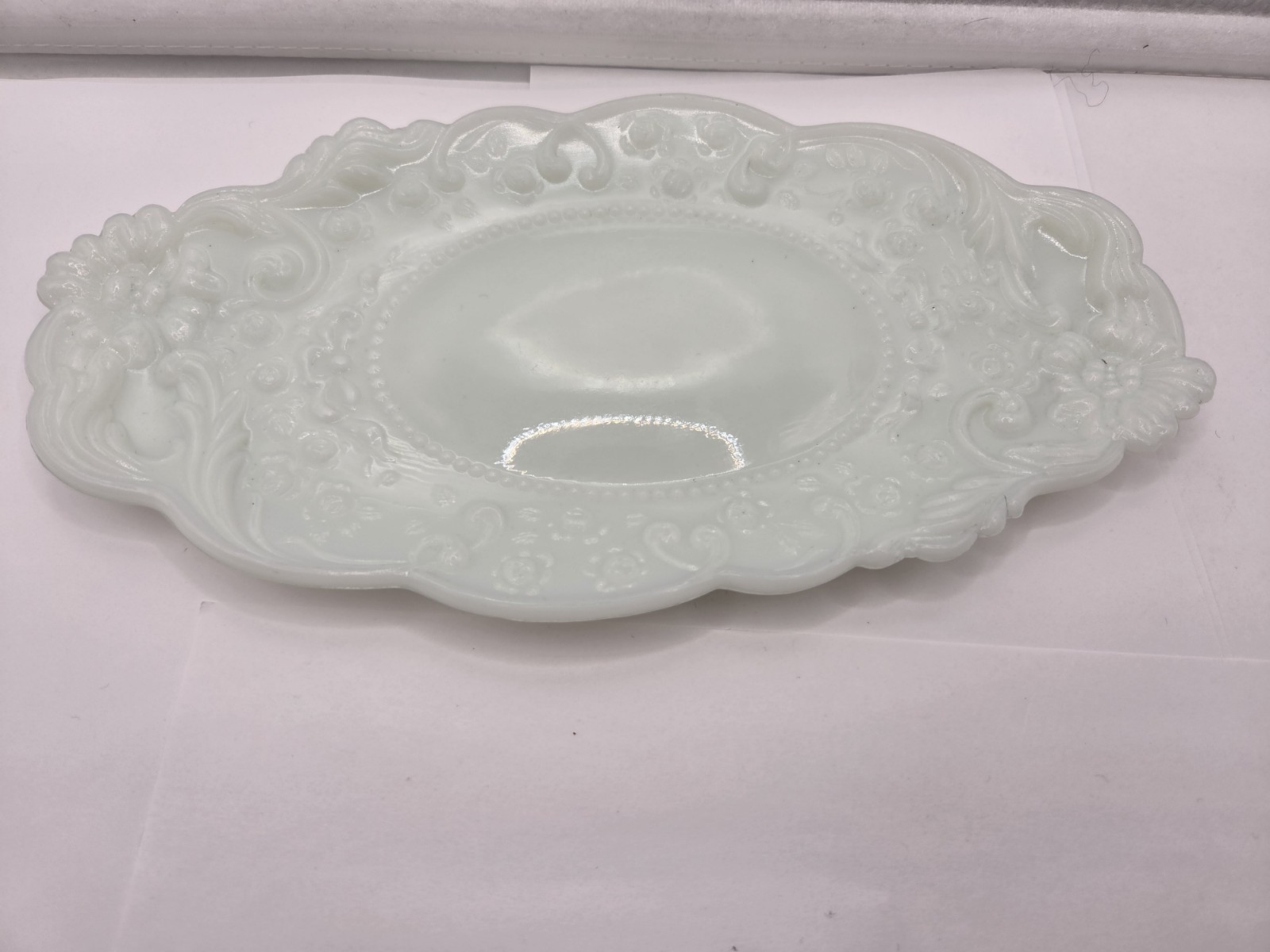 Antique Victorian Milk Glass Tray With Embossed Design Antique Victorian Milk Glass Tray With Embossed Design