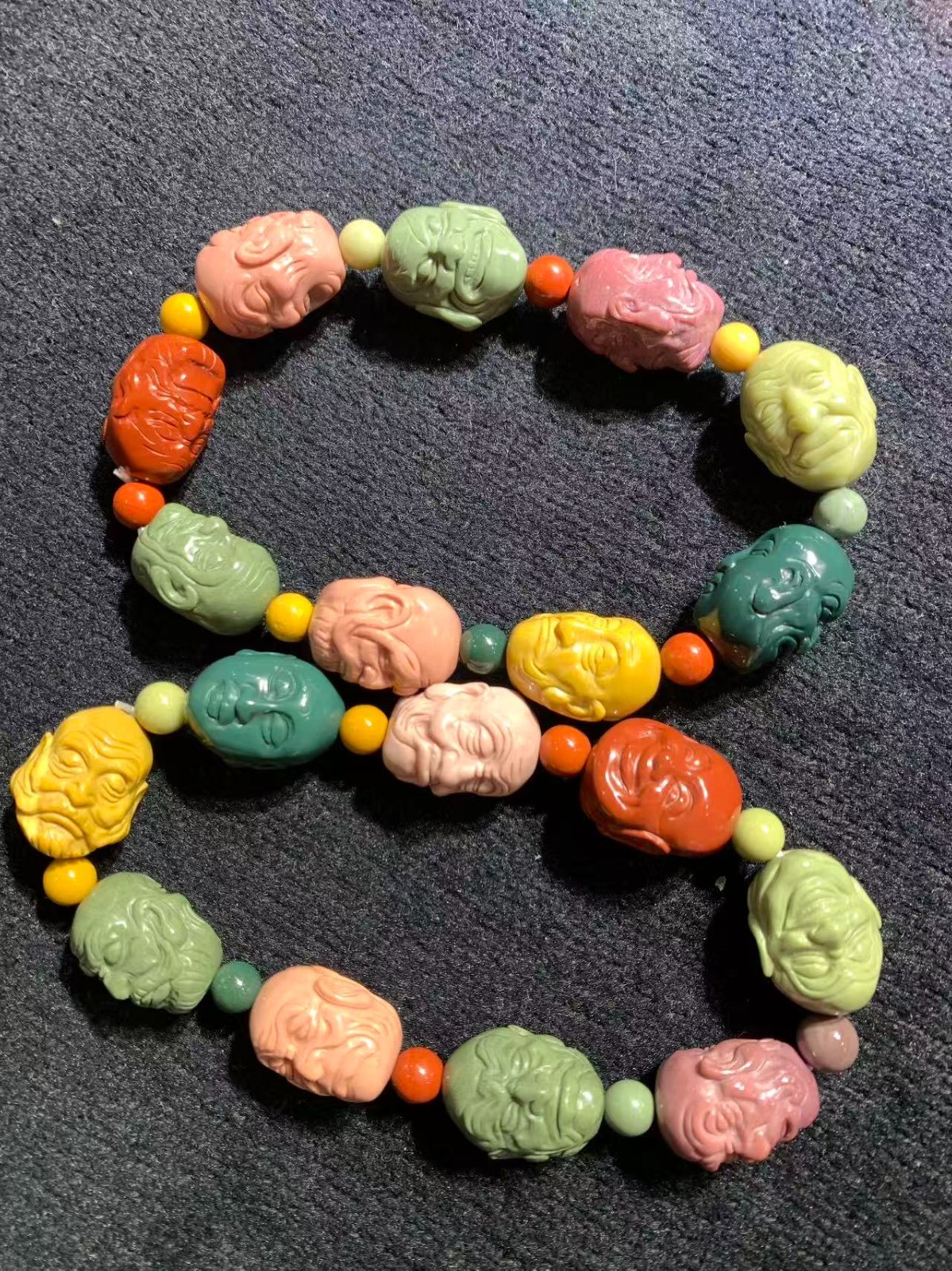 2Pcs Chinese Natural Alashan Colorful Jade Hand Carved *Monk* Beads Bracelets 2Pcs Chinese Natural Alashan Colorful Jade Hand Carved *Monk* Beads Bracelets