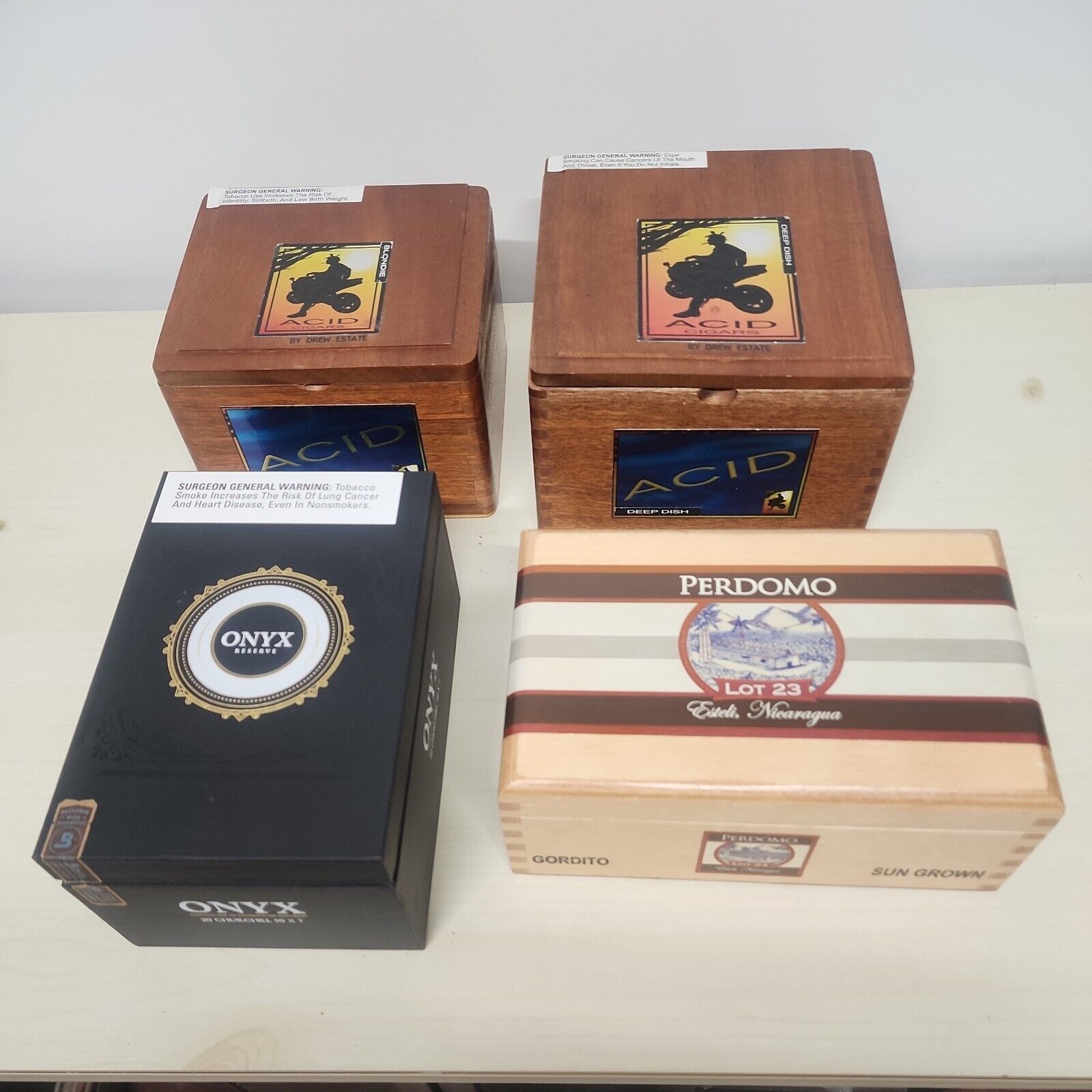 4 Empty Wooden Cigar Boxes Perdomo Lot 23, Onyx Reserve, Acid Blondie, Deep Dish