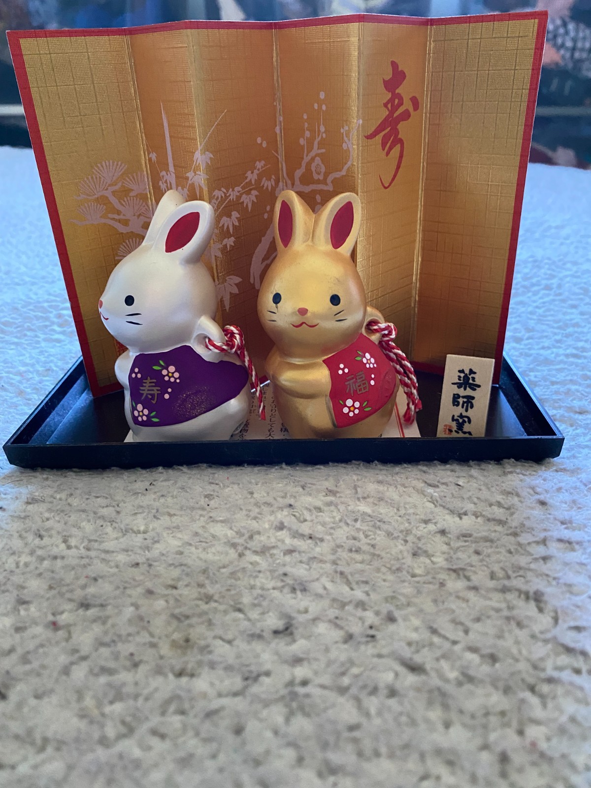 Yakushigama Japanese Zodiac Rabbit 3.5" Ceramic Bell Ornament 2 Pcs Set w Base