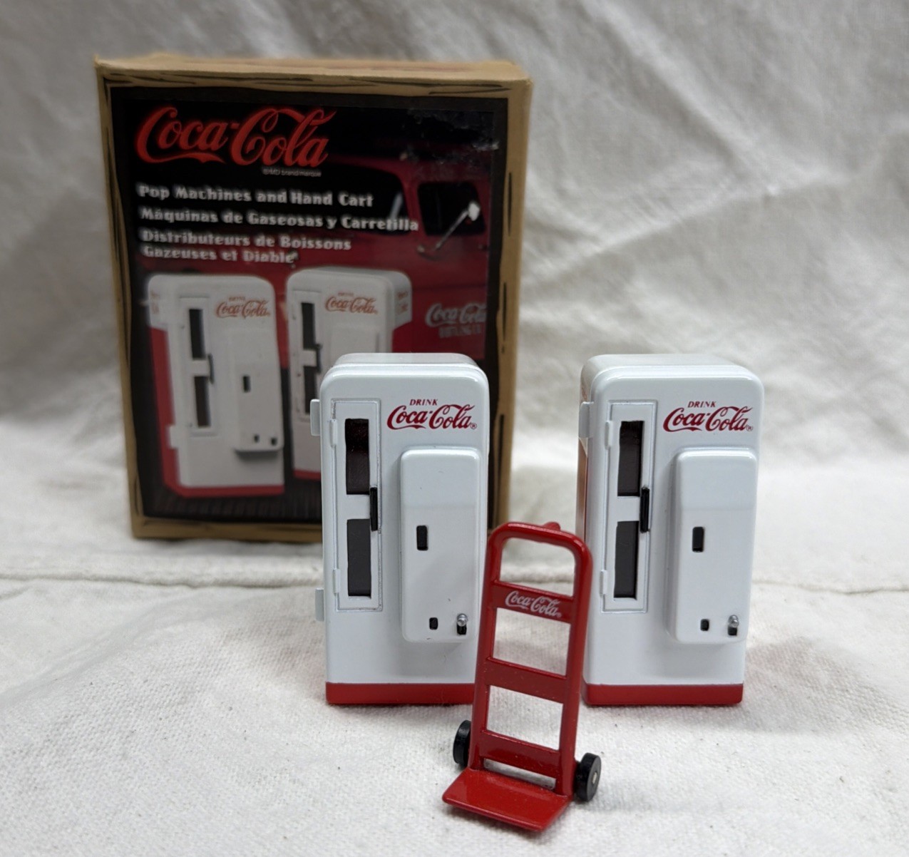 Lot of 2 Vintage ERTL Miniature Coca Cola Pop Vending Machine w/ HandCart 