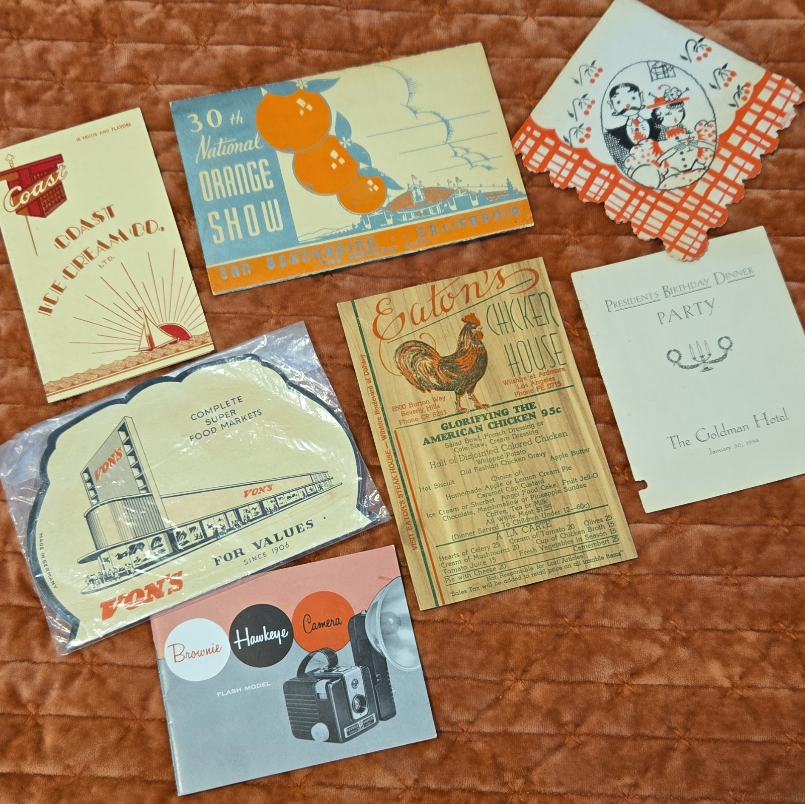 Vtg Ephemera Lot 7 Pcs: Eaton Wood Menu 1940 Orange Show Vons Sewing FDR Hotel.. Vtg Ephemera Lot 7 Pcs: Eaton Wood Menu 1940 Orange Show Vons Sewing FDR Hotel..