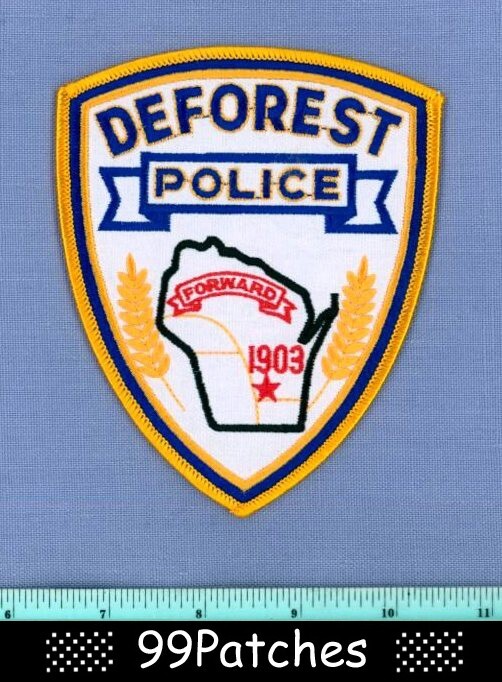 DEFOREST WISCONSIN Police Shoulder Patch STATE SHAPED OUTLINE CITY STAR 1C DEFOREST WISCONSIN Police Shoulder Patch STATE SHAPED OUTLINE CITY STAR 1C