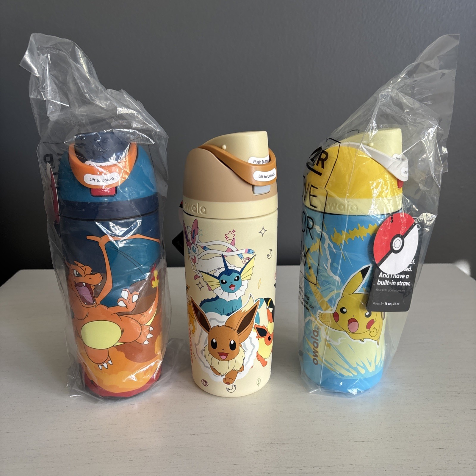 Pokémon x Owala Charizard Pikachu Eevee 16oz. Water Bottles Mixed Set Lot of 3