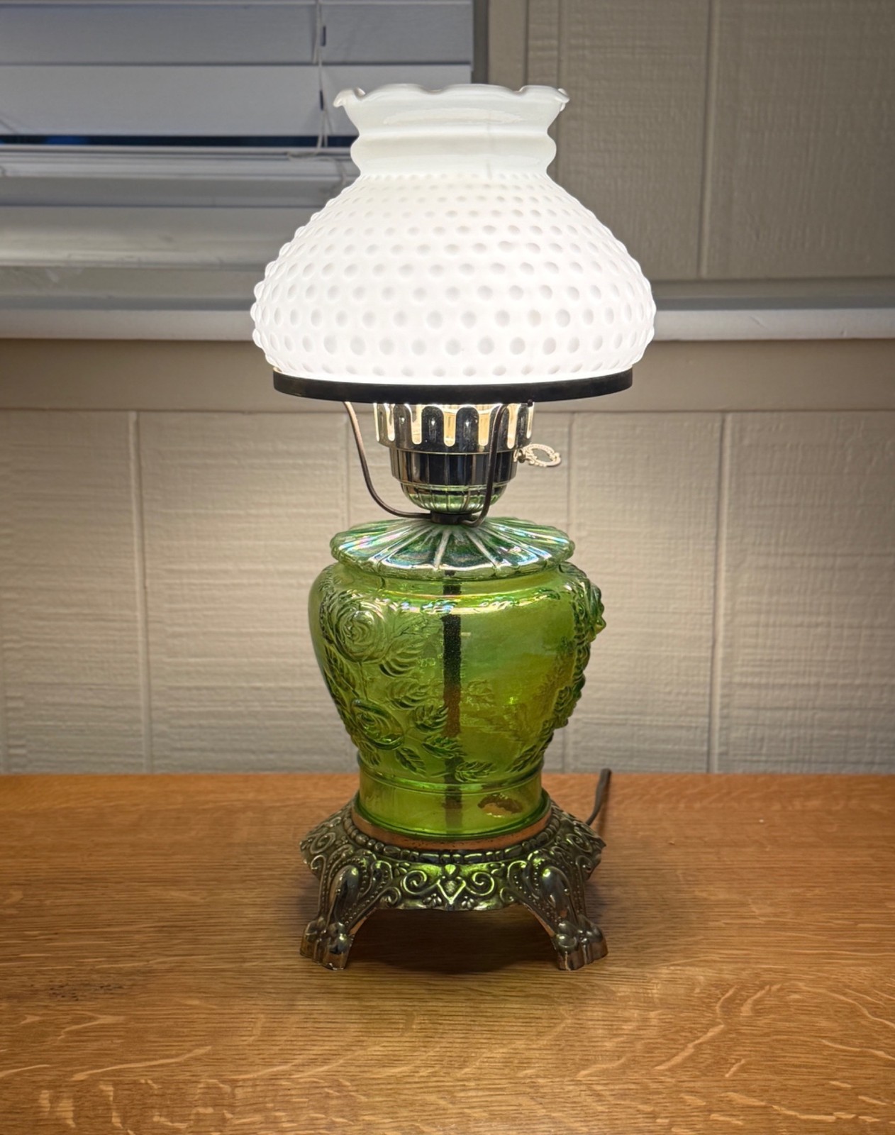 Vintage L.G. Wright Glass Green Embossed Roses Lamp w/Hobnail Milk Glass Shade Vintage L.G. Wright Glass Green Embossed Roses Lamp w/Hobnail Milk Glass Shade