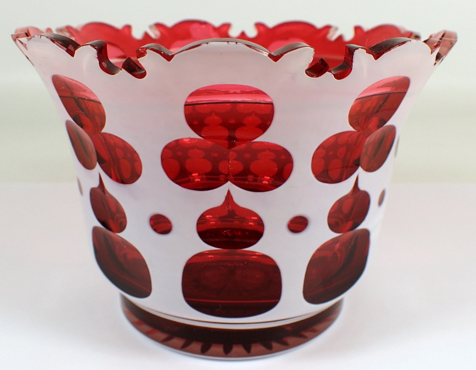Antique Bohemian Czech Cut To Cranberry White Overlay Art Glass 5" Vase Bowl Jar Antique Bohemian Czech Cut To Cranberry White Overlay Art Glass 5" Vase Bowl Jar