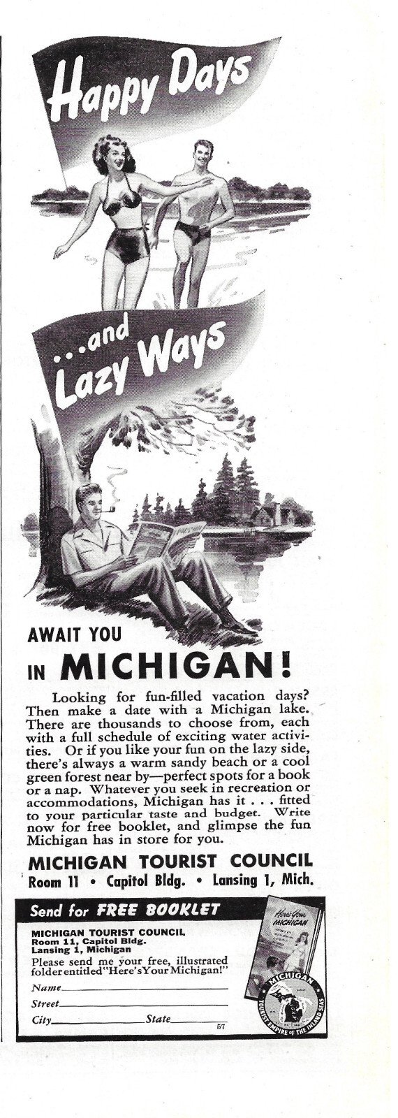 1947 Michigan Tourist Council Print Ad Lansing Travel Tourism Vacation Vintage 1947 Michigan Tourist Council Print Ad Lansing Travel Tourism Vacation Vintage