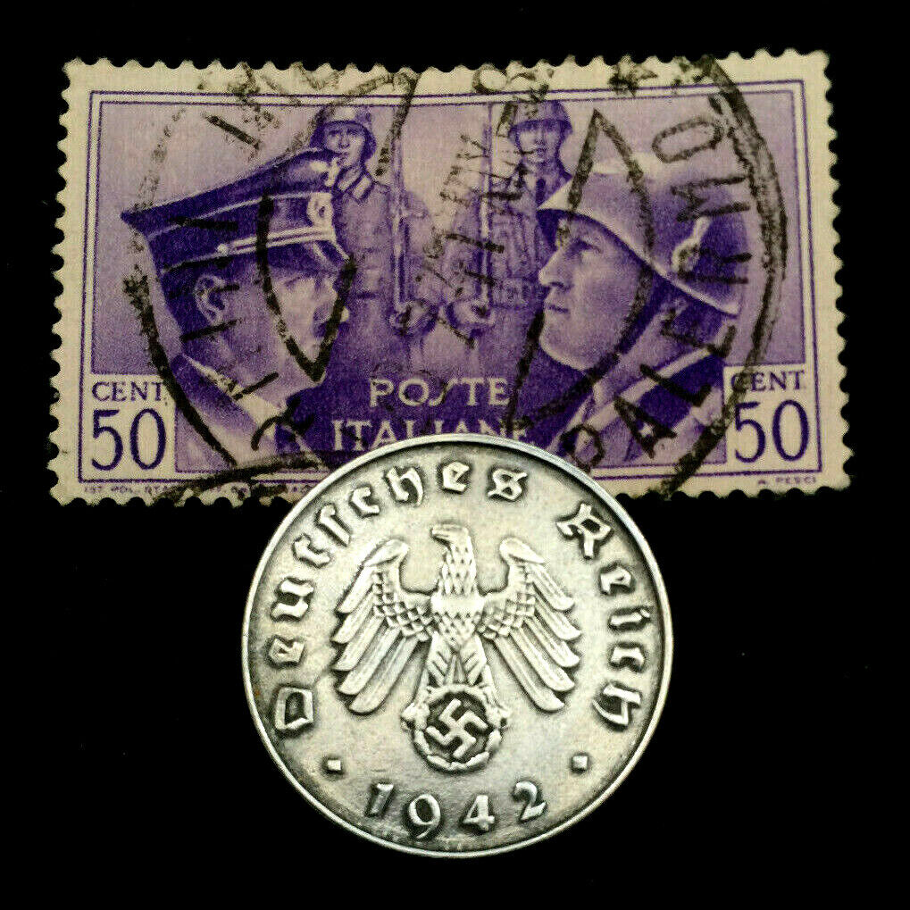 Rare Old WWII German War 10 Reichspfennig Coin & V RARE WWII Used 50 Cent Stamp