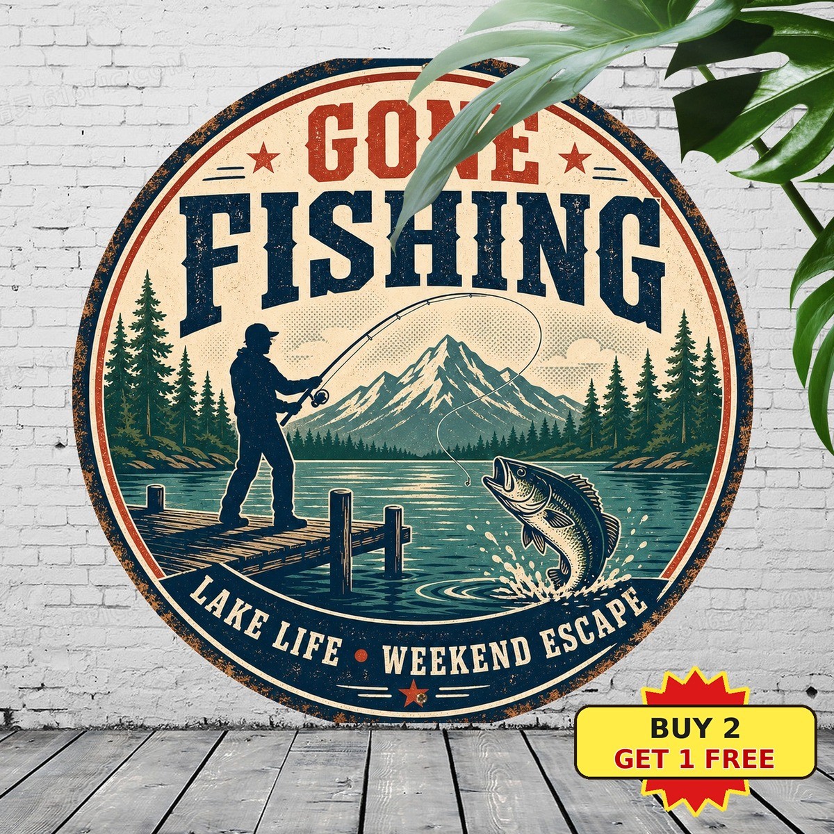 Gone Fishing Vintage Bass Salmon Angler Hobbyist Cabin Round Metal Tin Sign Gone Fishing Vintage Bass Salmon Angler Hobbyist Cabin Round Metal Tin Sign