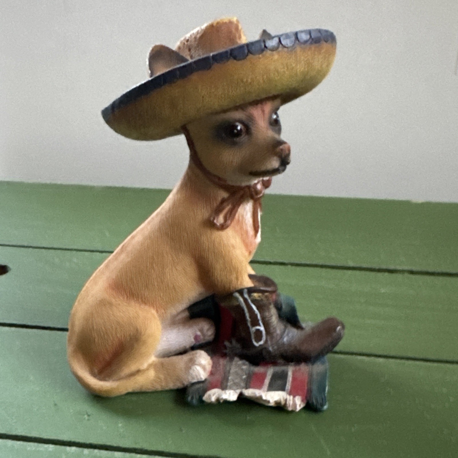 Rare Adorable Sitting Chihuahua Figurine With Boots & Sombrero On Rare Adorable Sitting Chihuahua Figurine With Boots & Sombrero On