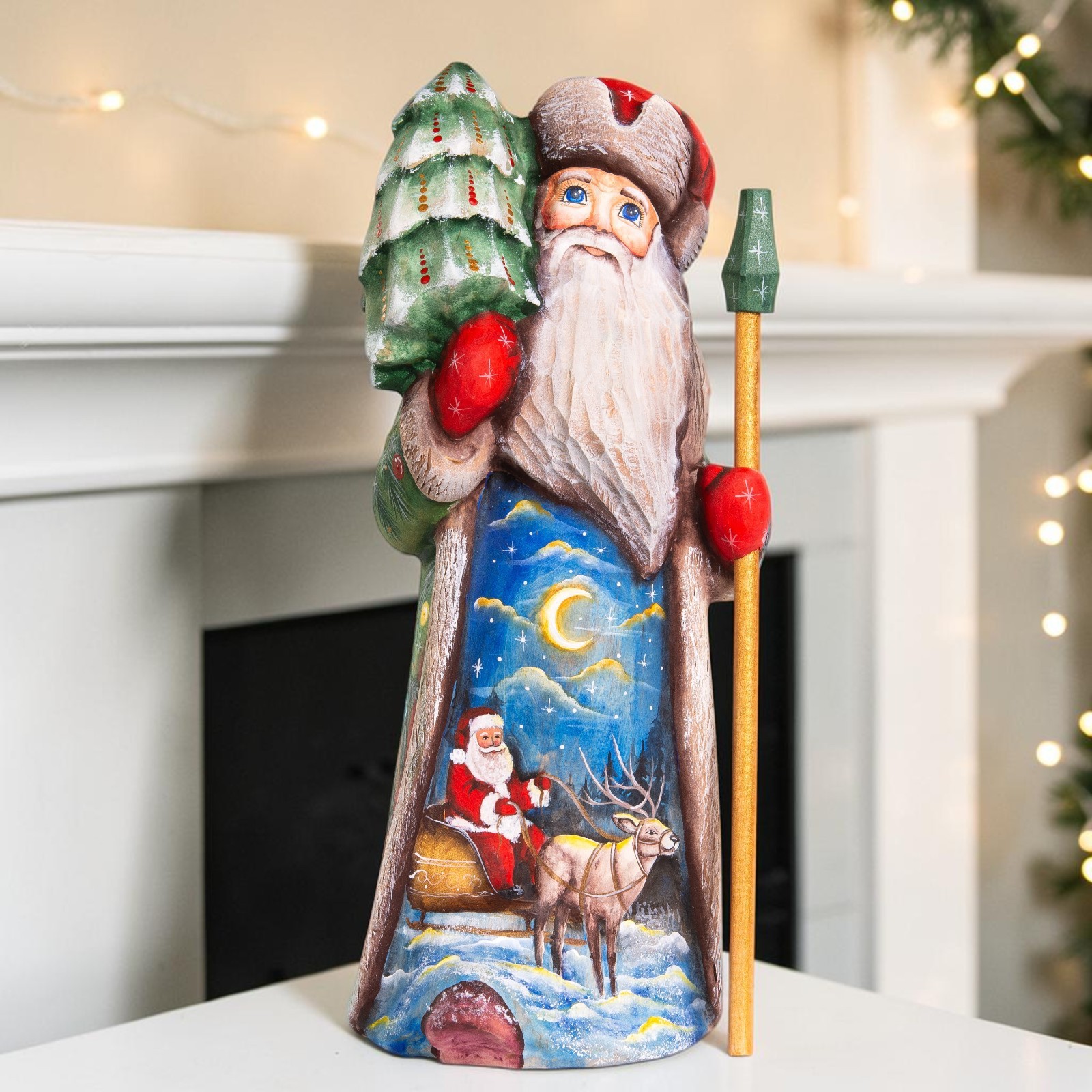 Green Father Christmas Figurine 10", Hand Carved Wooden Santa with a Tree