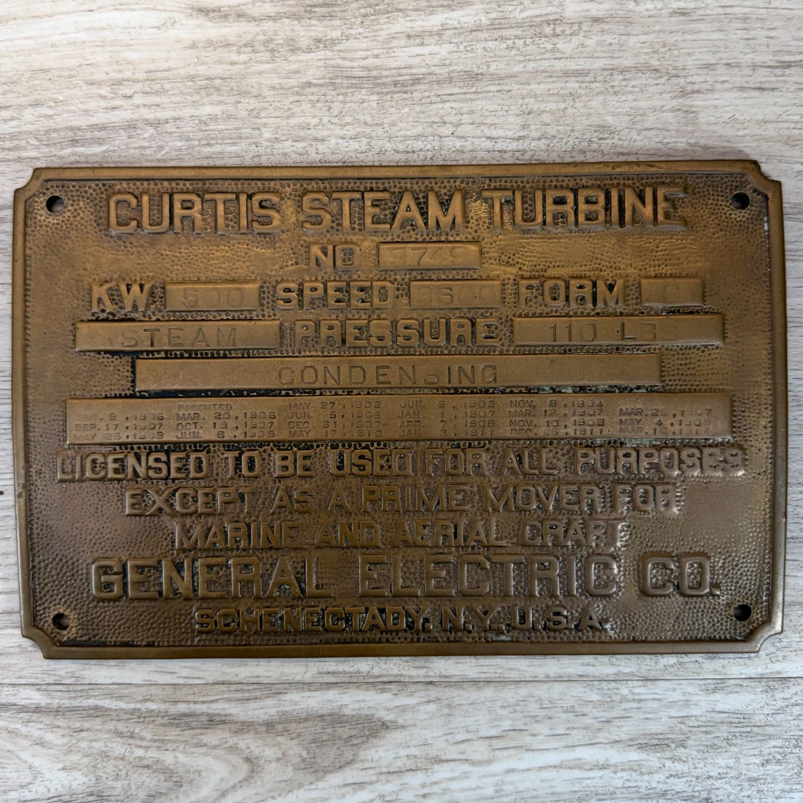 Antique c1920 GE Curtis Steam Turbine Brass Nameplate 500KW Schenectady NY Antique c1920 GE Curtis Steam Turbine Brass Nameplate 500KW Schenectady NY