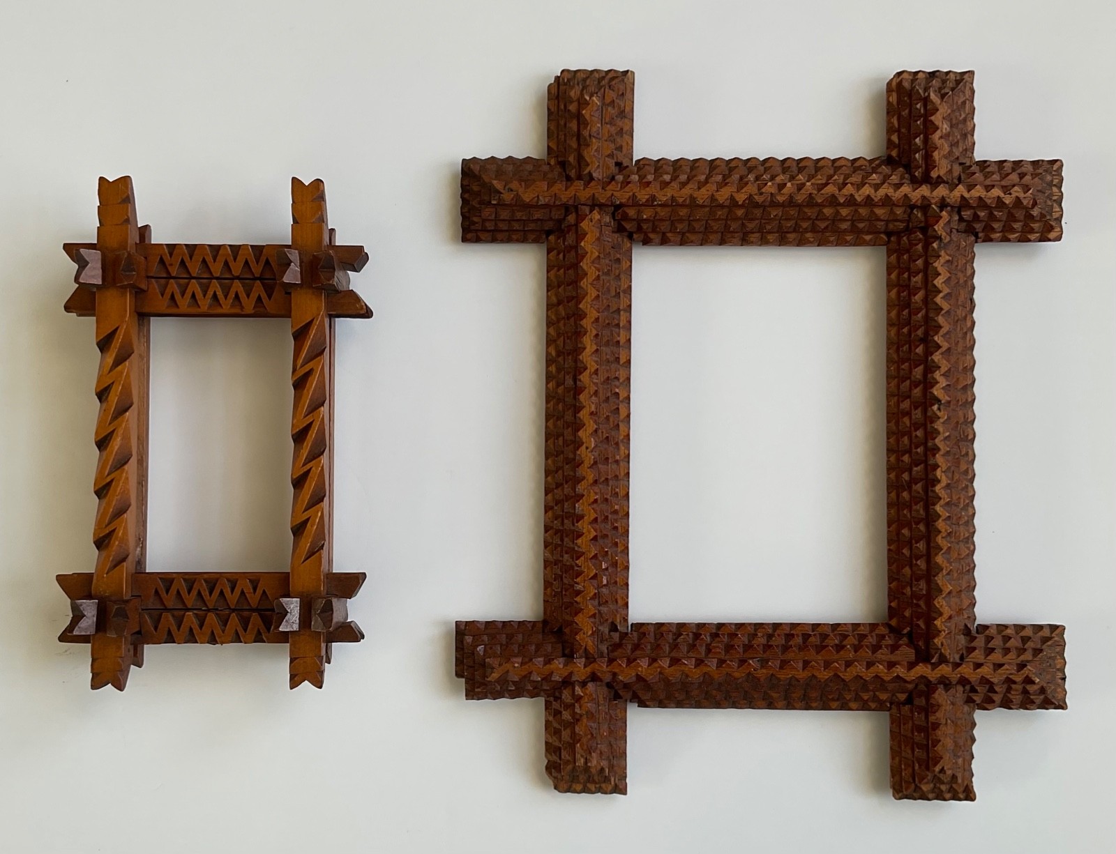 Two Small Vintage Tramp Art Picture Frames Two Small Vintage Tramp Art Picture Frames