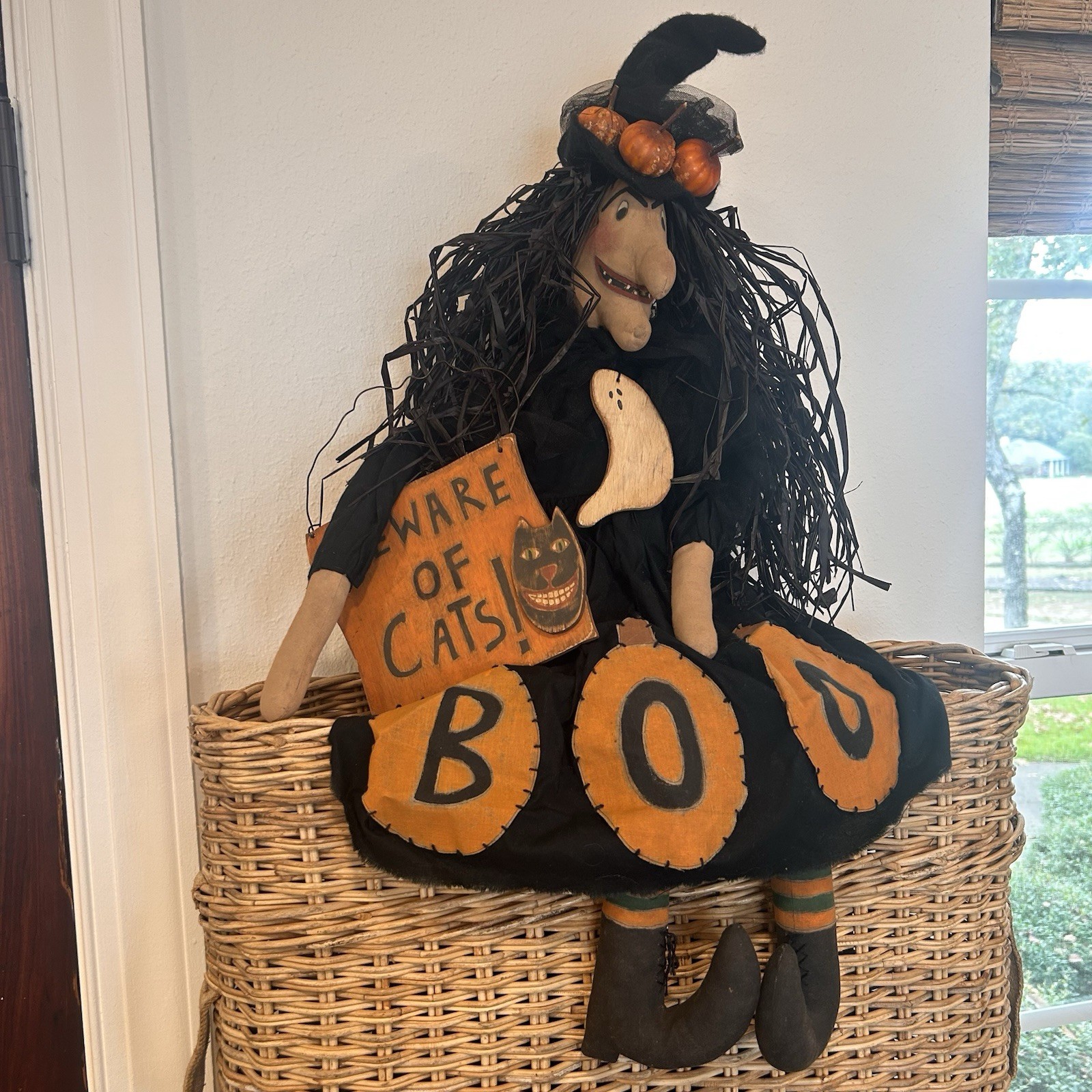 Vintage 1998 Primitive Witch Doll What A Witch Halloween Folk Art Black Cat Sign Vintage 1998 Primitive Witch Doll What A Witch Halloween Folk Art Black Cat Sign