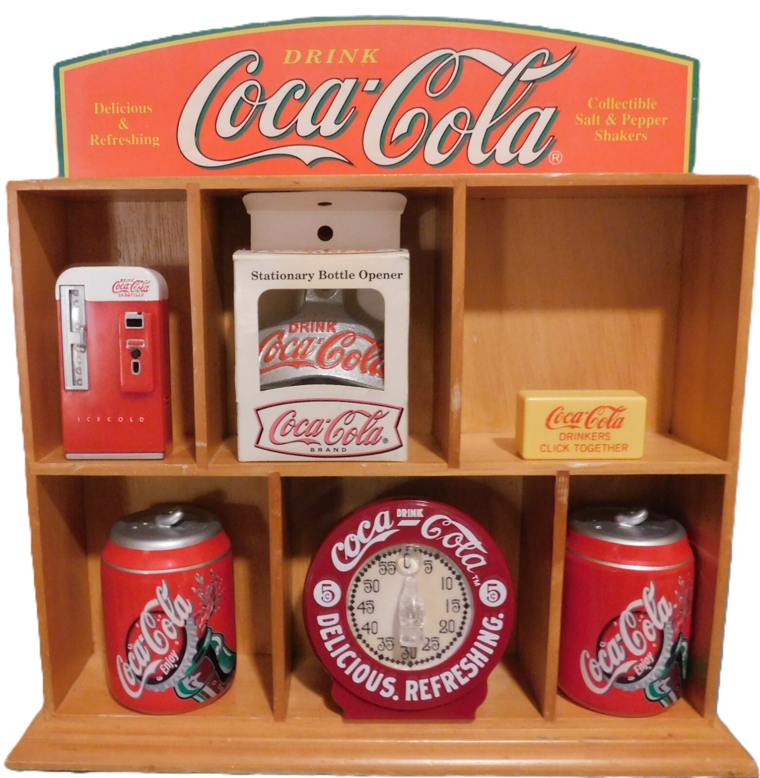 1996 Coca-Cola Solid Pine Wooden Curio Shelf w/other promo items - Lot of 7 pcs