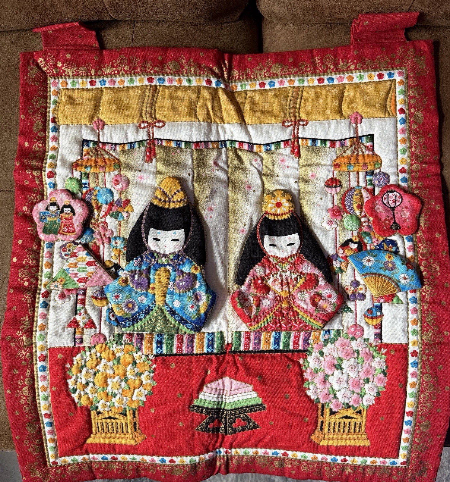 Vintage Japanese Oshie Hina Dolls 3D Padded Textile Wall Hanging 19” Japan Vintage Japanese Oshie Hina Dolls 3D Padded Textile Wall Hanging 19” Japan